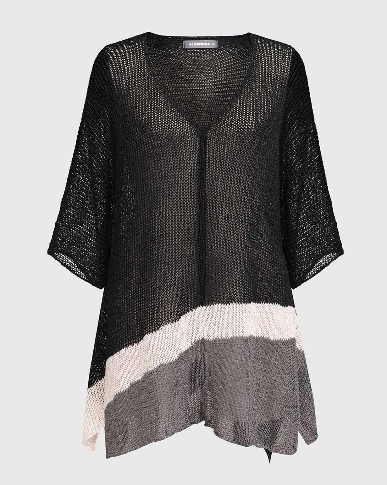 Alembika. Open Knit Asymmetrical V-Neck Sweater.